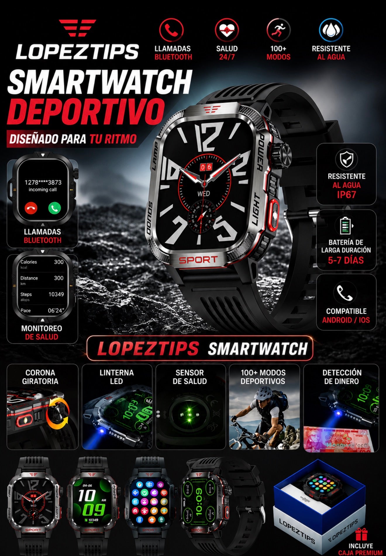 LOPEZ TIPS SMARTWATCH Ultimate Outdoor Smartwatch for Men LED Flashlight UV Money Detector