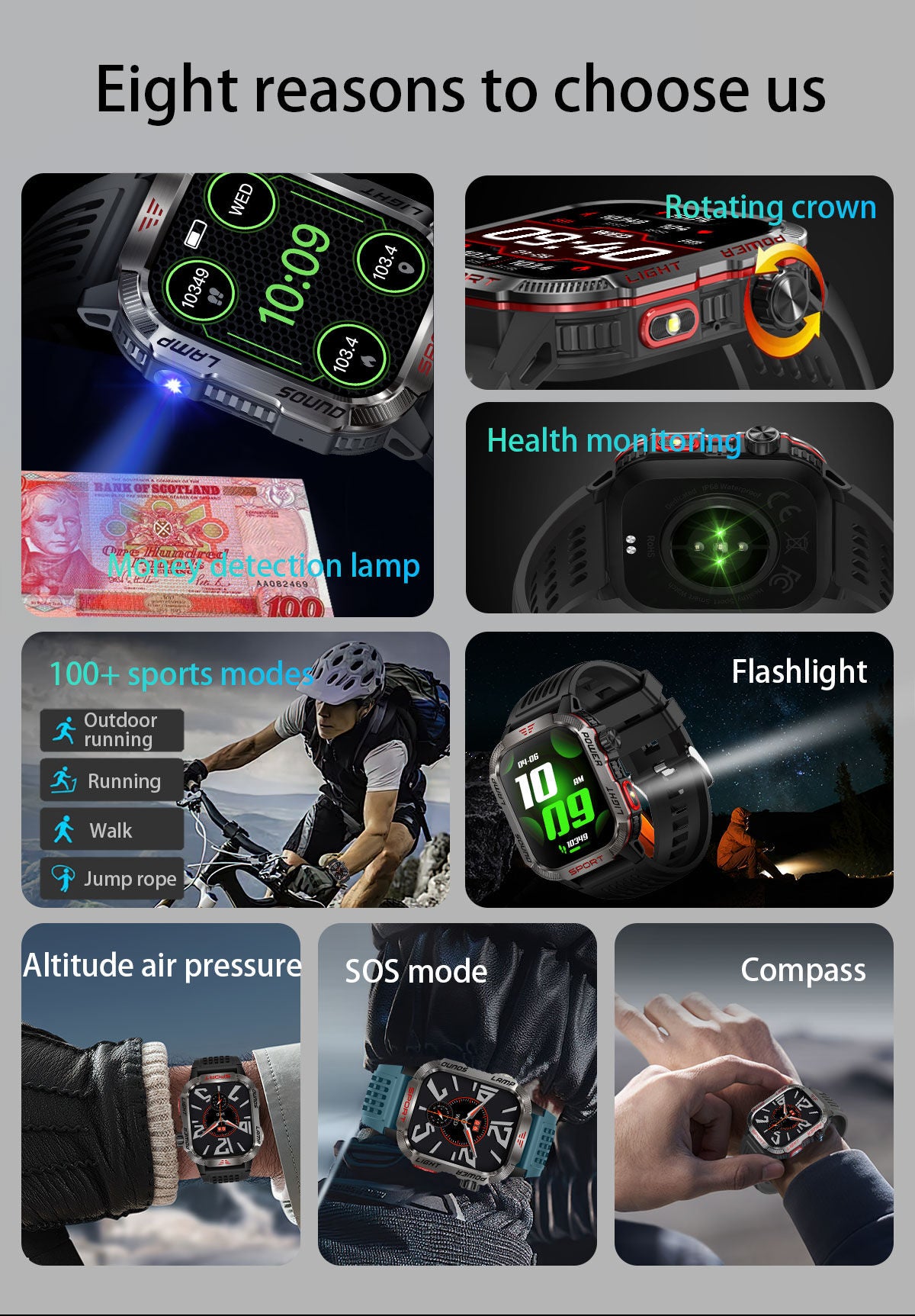 LOPEZ TIPS SMARTWATCH Ultimate Outdoor Smartwatch for Men LED Flashlight UV Money Detector